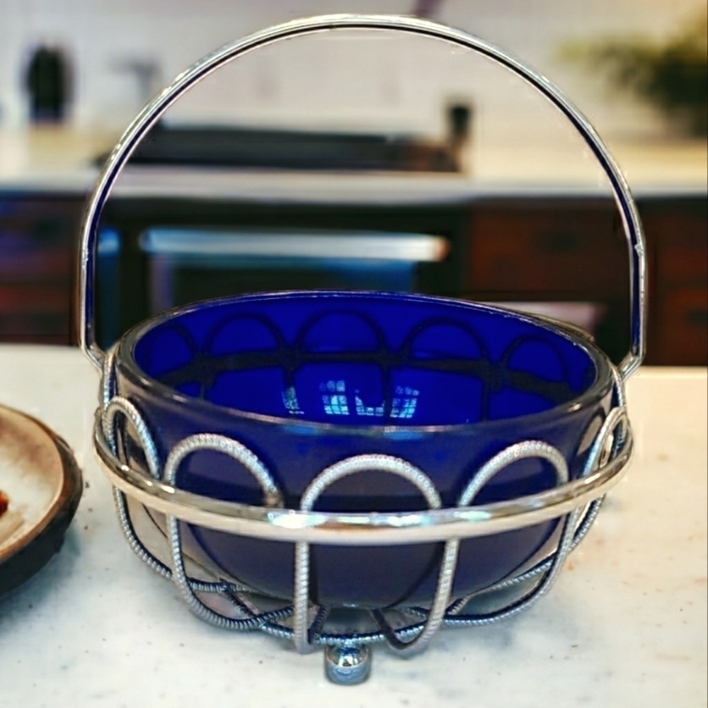 Vintage Cobalt Blue In Silver Basker Condiment/Relish/Mustard/Sugar Bowl
